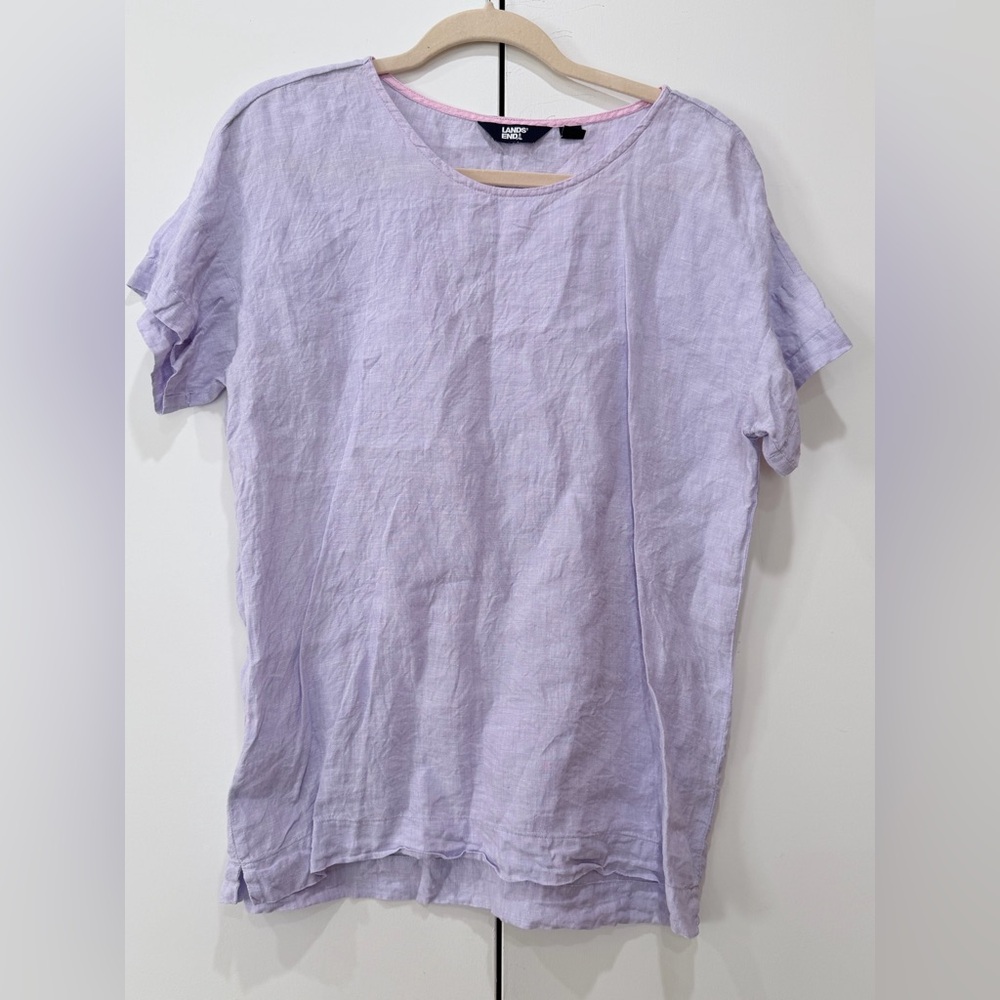 Lands' End Women's Short Sleeve Round Neck Linen Top Casual Blouse Purple Small